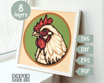 Kip SVG gelaagde SVG voor karton 3D schaduwdoos, kip meerlagige papercut sjabloon, boerderij Cricut, silhouet, boerderij muur kunst decor