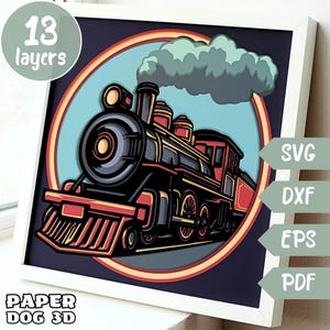 Vieux train 3D SVG en couches pour papier cartonné, locomotive à vapeur multicouche Papercut Shadow Box modèle, svg Cricut, silhouette dxf, fichier découpé au laser