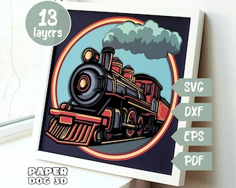 Old Train 3D Layered SVG For Cardstock, Steam Locomotive Multilayer Papercut Shadow Box Template, Cricut svg, silhouette dxf, laser cut file
