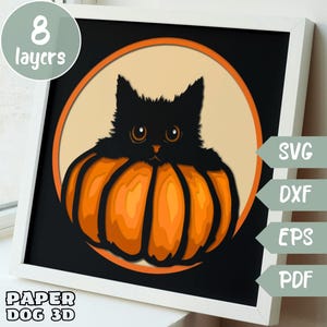 Modèle de boîte d'ombre de chat noir d'Halloween, SVG en couches 3D pour le papier cartonné, caisson lumineux de citrouille, papercut multicouche, svg Cricut, cabine de bricolage