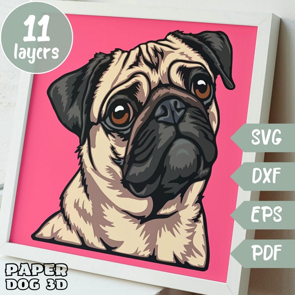 Pug dog SVG 3D Layered For Cardstock, Multilayer Papercut, Shadow Box files for Cricut, silhouette dxf, dog Cut file, pdf, pet memorial