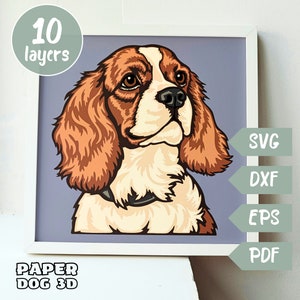 Cavalier king charles spaniel 3D Layered SVG para cartolina, corte de papel multicamadas, arquivos de caixa de sombra para Cricut, silhueta dxf, arquivo de corte de cachorro