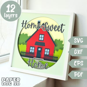 Modèle de boîte d'ombre pour la maison Sweet Home, couches 3D SVG pour papier cartonné, découpe de papier multicouche, Cricut, silhouette dxf, fichier de coupe motif, cabane à monter soi-même