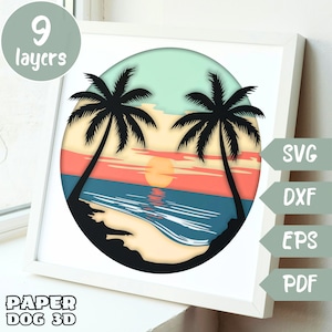 Modelo de caixa de sombra de palmeira 3D em camadas SVG para cartolina, corte de papel multicamadas, Sea Cricut, silhueta dxf, paisagem de verão, cabine faça você mesmo