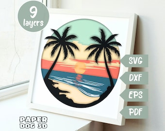 May include: A 9-layer paper cut design of a sunset over the ocean with two palm trees. The design is in a white frame and is available in SVG, DXF, EPS, and PDF formats.