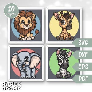 Safari Animals Shadow Box bundle SVG Template, 3D Layered SVG files For Cardstock, Cricut, Nursery Wall Art, Giraffe, Elephant, Lion, Zebra