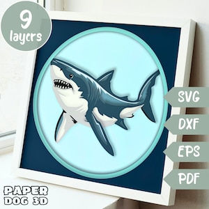 Hai 3D Layered SVG für Karton, Multilayer Papierschnitt, Schatten Box Vorlage, Ozean Cricut, Silhouette dxf, Meer geschnitten Datei, Wand Kunst DIY
