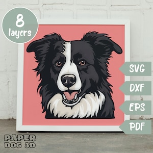 Border Collie SVG 3D geschichtet Für Karton, Multilayer Papierschnitt, Schattenbox-Dateien für Cricut, Silhouette dxf, Hund geschnitten Datei, Haustier-Denkmal