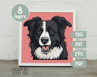 Border Collie SVG 3D Layered For Cardstock, Multilayer Papercut, Shadow Box files for Cricut, silhouette dxf, dog Cut file, pet memorial