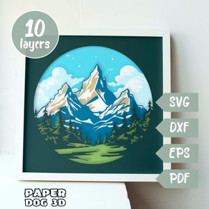 Modèle de boîte d'ombre de montagnes 3D SVG en couches pour papier cartonné, découpe de papier multicouche, Cricut, silhouette dxf, fichier de coupe de cerf, pdf, cabane à monter soi-même