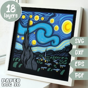 Noite estrelada Van Gogh 3D Layered SVG para cartolina, corte de papel multicamadas, modelo de caixa de sombra, Cricut, silhueta, arquivo de corte, arte de parede em pdf faça você mesmo