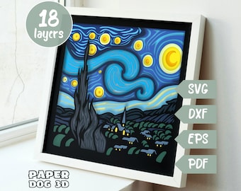 Starry Night Van Gogh 3D Layered SVG For Cardstock, Multilayer Papercut, Shadow Box Template, Cricut, silhouette, cut file, pdf wall art diy