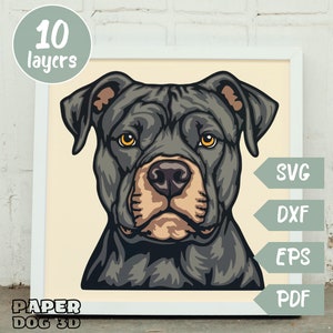 PitBull 3D SVG en couches pour papier cartonné, papier découpé multicouche, fichiers Shadow Box pour Cricut, silhouette dxf, fichier de coupe de chien Pit Bull, mémorial pour animaux de compagnie