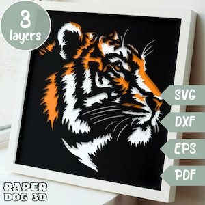 Tygrys 3D w warstwie SVG na tekturę, wycinanka wielowarstwowa, szablon Animal Shadow Box, Cricut, plik do wycinania sylwetki w formacie DXF, pdf, sztuka ścienna z drewna DIY