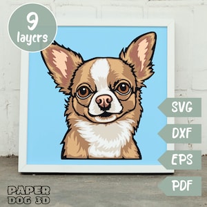 Chihuahua SVG 3D en couches pour papier cartonné, papier découpé multicouche, fichiers Shadow Box pour Cricut, silhouette dxf, fichier de coupe chien, amour commémoratif pour animaux de compagnie