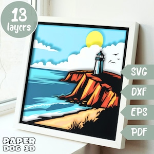 Puede incluir: Un diseño de papercraft de 13 capas de un faro en un acantilado con vistas a un océano azul con un sol amarillo en el cielo. El diseño está en un marco blanco e incluye el texto "Paper Dog 3D".
