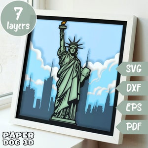 Estátua da Liberdade Sombra Caixa Modelo 3D Camadas SVG Para Cartão, Nova York Multicamadas Papercut, EUA Cricut, Dia da Independência, cabine faça você mesmo