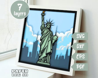 Statue of Liberty Shadow Box Template 3D Layered SVG For Cardstock, New York Multilayer Papercut, USA Cricut, Independence Day, diy Cabin