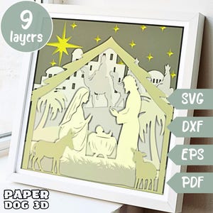 Holy Night Shadow Box Template, scena Bożego Narodzenia 3D Warstwowa SVG Do Tektury, Wielowarstwowa Wycinanka, Cricut, Lightbox DIY Kabina