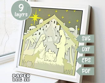 Holy Night Shadow Box Template, Christmas Nativity scene 3D Layered SVG For Cardstock, Multilayer Papercut, Cricut,  Lightbox diy Cabin
