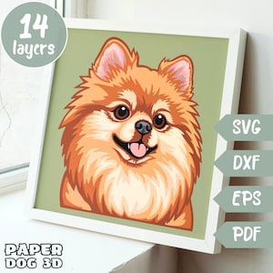 Chien de Poméranie 3D SVG en couches pour papier cartonné, papier découpé multicouche, fichiers Shadow Box pour Cricut, silhouette dxf, fichier de coupe chien, mémorial pour animaux de compagnie