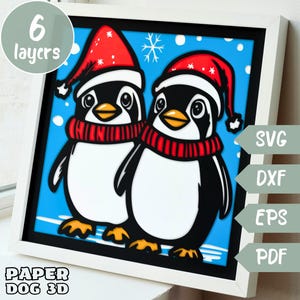 Plantilla de caja de sombras de pingüino 3D, archivo SVG en capas para cartulina, caja de luz de invierno, Papercut multicapa, archivo SVG de Cricut, cabaña navideña de bricolaje