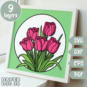 Tulip Shadow Box sjabloon 3D gelaagde SVG voor karton, meerlaagse papercut, Cricut, silhouet dxf, patroongesneden bestand, pdf, teken diy cabine