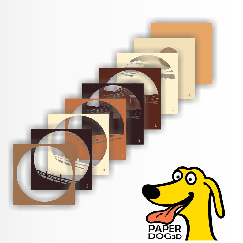 May include: A set of eight layered paper cutouts with a farmhouse scene. The cutouts are in shades of brown, beige, and cream. The cutouts are numbered 2 through 8. The cutouts are arranged in a staggered pattern. The cutouts are designed to be layered on top of each other to create a 3D effect.