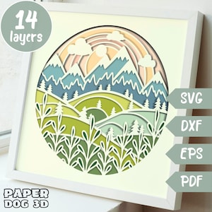 Colored valley Shadow Box Template, 3D Layered SVG For Cardstock, Multilayer Papercut, Cricut, silhouette dxf, Mountain wall art, diy cabin
