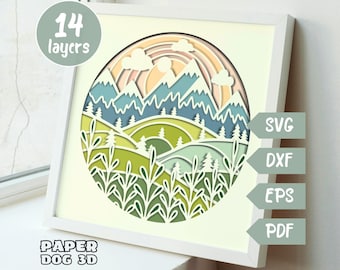 Plantilla de caja de sombras de valle de colores, SVG 3D en capas para cartulina, Papercut multicapa, Cricut, silueta dxf, arte mural de montaña, cabaña de bricolaje