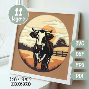Kuh Szene 3D Berge Geschichted SVG für Karton, Multilayer Papercut, Schatten Box Vorlage, Bauernhof Cricut, Silhouette, pdf, wall art diy