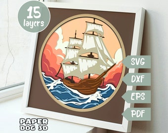 3D-zeilschip schaduwdoos sjabloon, gelaagde SVG voor karton, bestand voor cricut, oceaanpapier gesneden, boot lichtbak DIY, meerlaagse mandala