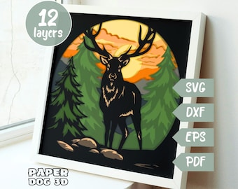 Puede incluir: Un modelo de papercraft de 12 capas que representa un ciervo de pie en un bosque con una puesta de sol en el fondo. El modelo está hecho de papel negro, verde y naranja. La imagen también incluye el texto "Paper Dog 3D", "SVG", "DXF", "EPS" y "PDF".