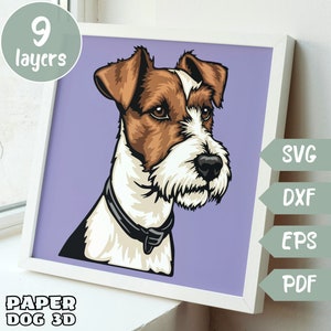 Fox Terrier 3D SVG en couches pour papier cartonné, papier découpé multicouche, fichiers Shadow Box pour Cricut, silhouette dxf, fichier de coupe chien, mémorial pour animaux de compagnie