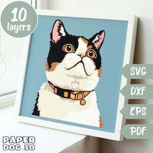 Chat exotique à poils courts, 3D SVG en couches pour papier cartonné, papier découpé multicouche, fichiers Shadow Box pour Cricut, silhouette dxf, fichier de coupe, mémorial pour animaux de compagnie