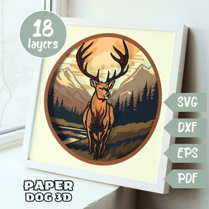 Hirsch Szene 3D Berge Geschichted SVG für Karton, Multilayer Papercut, Shadow Box Template, Cricut, Silhouette, Schnittdatei, Pdf, Wandkunst