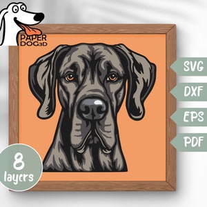Dogue allemand SVG 3D en couches pour papier cartonné, papier découpé multicouche, fichiers Shadow Box pour Cricut, silhouette dxf, fichier de coupe chien, pdf, mémorial pour animaux de compagnie