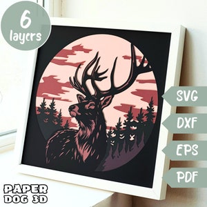 Hirsch 3D Layered SVG für Karton, Multilayer Papercut, Hirsch Shadow Box Template, Cricut, Silhouette Dxf, Mond Schnittdatei, Pdf, Wand Kunst DIY