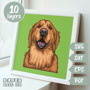 Golden Retriever 3D Layered SVG para cartolina, corte de papel multicamadas, arquivos de caixa de sombra para Cricut, silhueta dxf, arquivo de corte de cachorro, memorial de animal de estimação