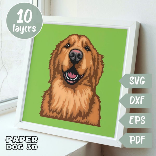 Golden Retriever 3D Layered SVG For Cardstock, Multilayer Papercut, Shadow Box files for Cricut, silhouette dxf, dog Cut file, pet memorial