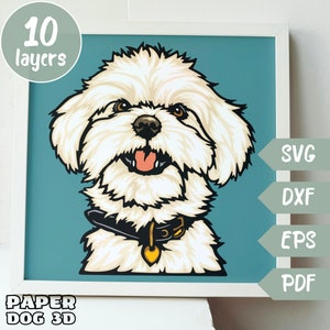 May include: A white Maltese dog with a black collar and a yellow tag, with a happy expression, on a teal background. The image is labeled "Paper Dog 3D" and "10 layers".