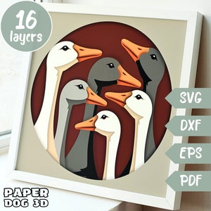 Gansos 3D Layered SVG para cartolina, frango multicamadas Papercut, modelo de caixa de sombra, fazenda Cricut, silhueta de ganso, arte de parede em pdf, cabine DIY