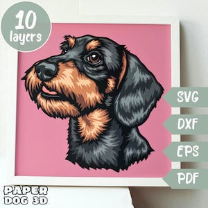 Drahthaar-Dackel 3D geschichtet SVG für Karton, Multilayer-Papierschnitt, Schattenbox-Dateien Cricut, Silhouette Dxf, Hundeschnittdatei, Haustier-Denkmal