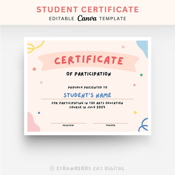 Student Participation Certificate Canva Template | Editable Digital Classroom Certificate | Printable School Award | Instant Download