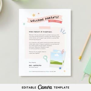 Plantilla Canva de carta de bienvenida editable / Introducción del profesor / Boletín informativo del aula imprimible / Regreso a la escuela / Descarga instantánea
