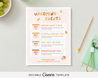 Editable Fall Upcoming Events Canva Template | Fall Events | Autumn Calendar of Events Newsletter | PTA Fall flier | Autumn Newsletter