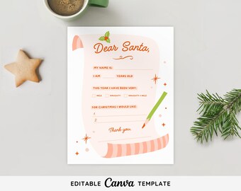 Op de afbeelding: Een printbare brief aan de kerstman met een roze en wit gestreept scrollontwerp. De brief bevat ruimte om je naam, leeftijd en hoe je je dit jaar hebt gedragen te schrijven. Er is ook ruimte om je kerstverlanglijstje te schrijven en een bedanksectie.