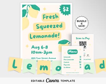 Editable Lemonade Stand Signage Templates | Lemonade stand poster | Printable Summer fundraiser flyer | Canva Template | Instant Download