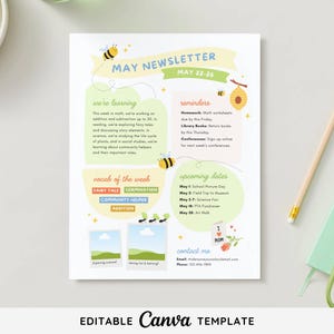 Plantilla editable para boletín de mayo / Boletín mensual de la PTA y la PTO / Boletín del aula de mayo / Boletín escolar de primavera / Boletín de fin de año
