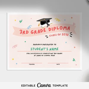 Bearbeitbare Grundschul-Grade-Diplom-Vorlage | Benutzerdefinierte Abschlussurkunde | Printable Auszeichnung | Jahresende Preis Abschluss Vorlage